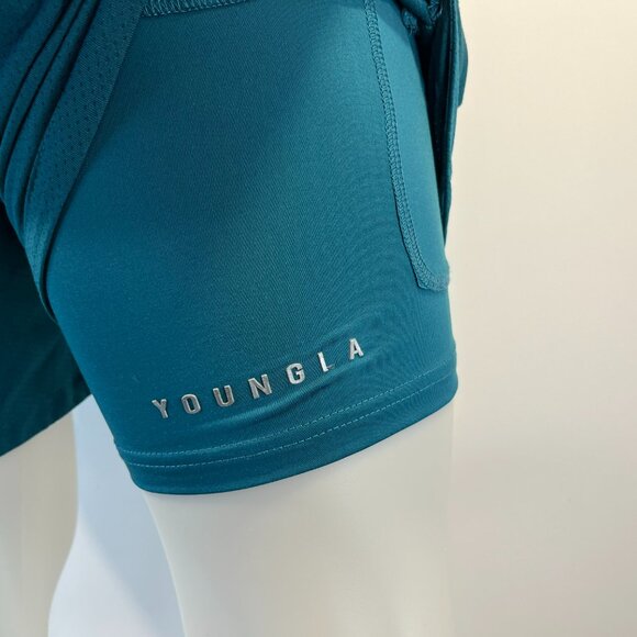 YoungLA Men's Teal Workout Gym Shorts w/ Boxer Brief Lining - Size Large - Picture 5 of 7